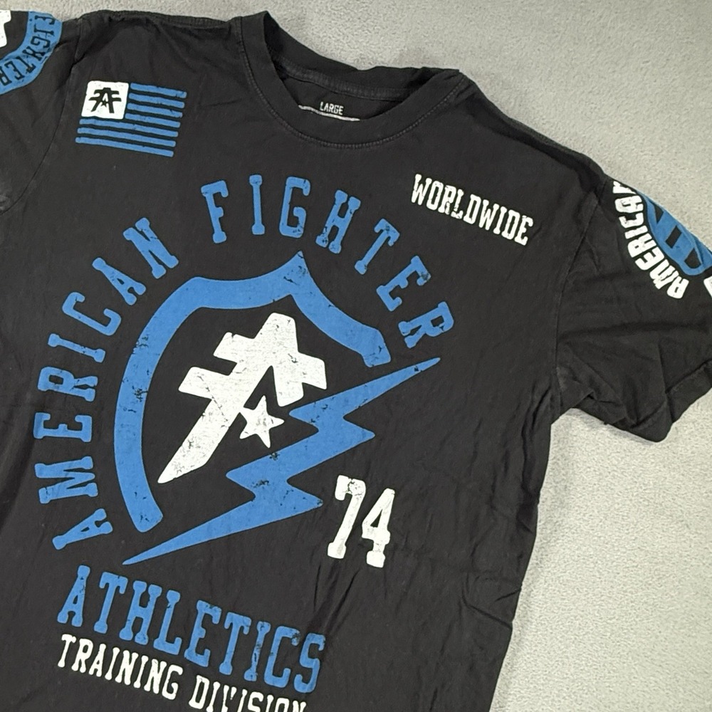 American Fighter by Affliction Mens Large Black T-Shirt Blue White Athletics L